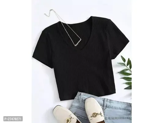 Stylish Black Lycra V Neck Crop Top For Women-thumb0