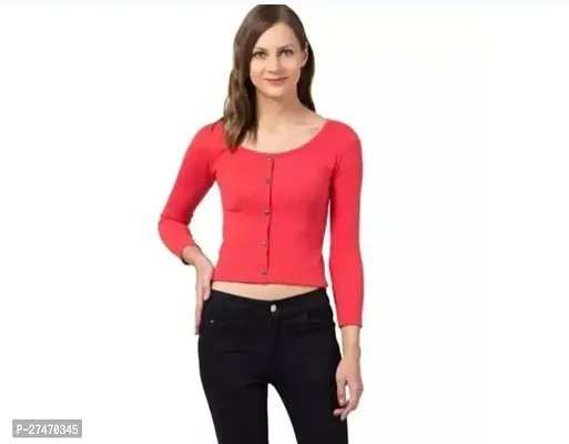 Stylish Red Lycra Frount Botton Full Sleeves Top For Women-thumb0