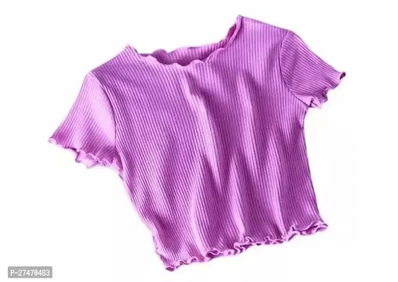 Stylish Purple Polyester Women Lettuce Trim Ribbed Knit Short Sleeve Pico Crop Top For Women-thumb0