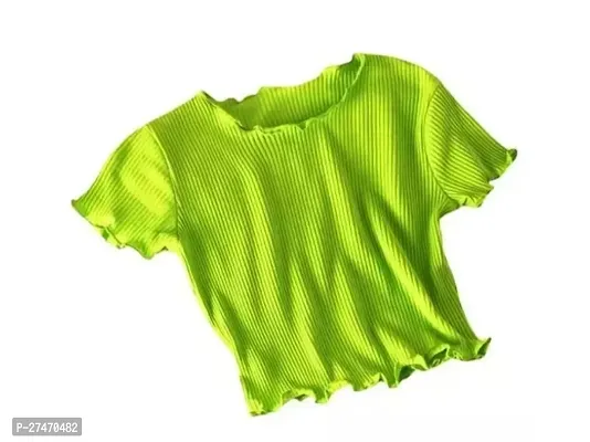 Stylish Green Polyester Women Lettuce Trim Ribbed Knit Short Sleeve Pico Crop Top For Women-thumb0