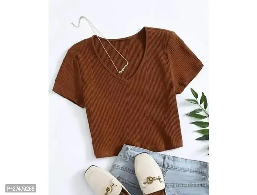 Stylish Brown Lycra V Neck Crop Top For Women