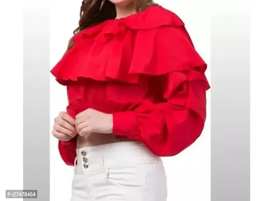 Stylish Red Lycra Ruffal Sleeves Top For Women