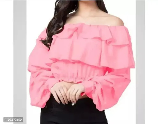 Stylish Pink Lycra Ruffal Sleeves Top For Women-thumb0