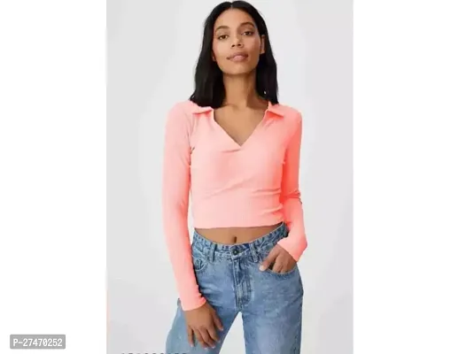 Stylish Pink Lycra Full Sleeves Collor Top For Women-thumb0