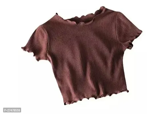 Stylish Brown Polyester Women Lettuce Trim Ribbed Knit Short Sleeve Pico Crop Top For Women