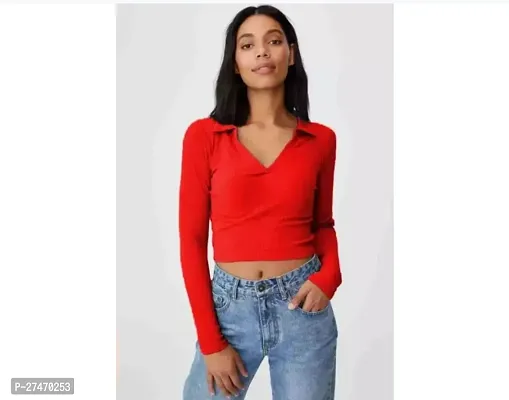 Stylish Red Lycra Full Sleeves Collor Top For Women-thumb0