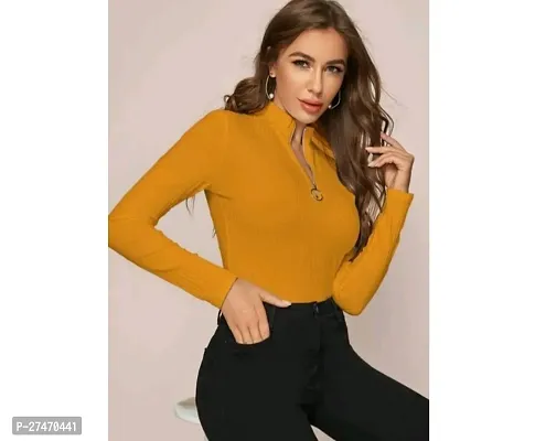 Stylish Musturd Lycra Full Sleeve Zipper Top For Women-thumb0