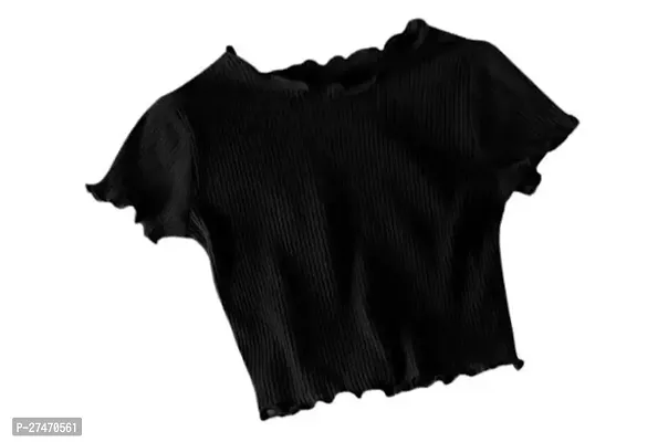 Stylish Black Polyester Women Lettuce Trim Ribbed Knit Short Sleeve Pico Crop Top For Women-thumb0