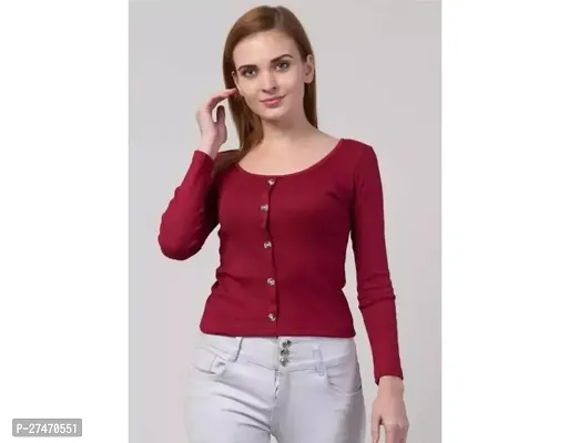 Stylish Maroon Lycra Frount Botton Full Sleeves Top For Women-thumb0