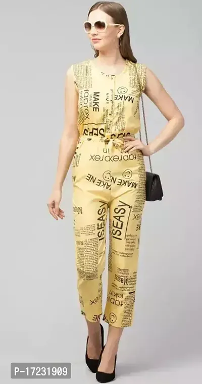 Stylish Yellow Crepe Printed Basic Jumpsuit For Women-thumb0