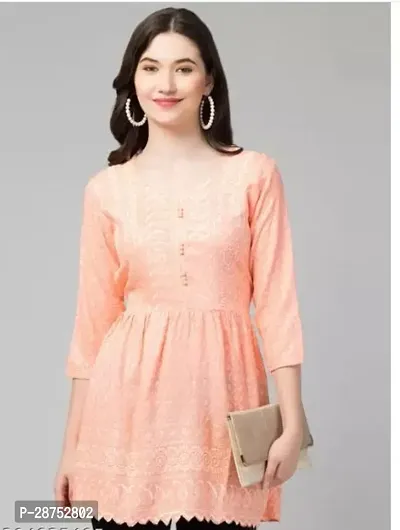 Stylish Peach Rayon Embroidered Short Kurti For Women-thumb0