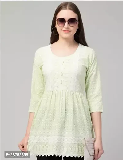 Stylish Green Cotton Embroidered Short Kurti For Women-thumb0