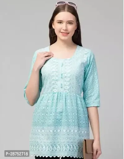 Stylish Blue Cotton Embroidered Short Kurti For Women-thumb0