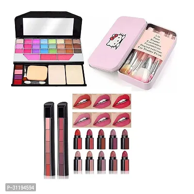 Multicolor Makeup Kit with 7 Pink Makeup Brushes Set and 2 Pcs Matte 5 Shades Lipstick  (pack of 10)-thumb0