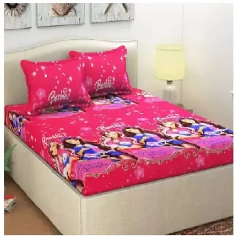 Cotton Villas 3D Barbie Doll Printed Bedsheet for Double Bed with 2 Pillow Cover Microfiber and Cotton Mix Color Black (88 X 88 inch )