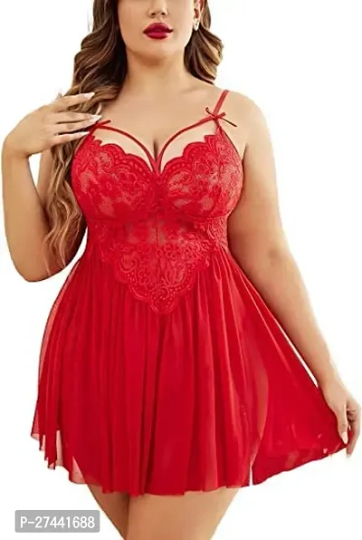 Stylish Red Satin Lace Baby Dolls Dresss For Women-thumb0