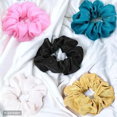 Silky Satin Grepe MultiColor Scrunchies for Girls, Women (Pack of-5) Multicolor (GREPE WHITE AND GOLD, 10)-thumb0