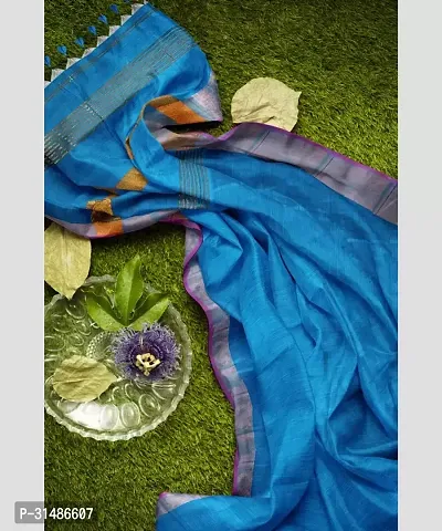 Stylish Blue Pure Silk Self Pattern Saree with Blouse piece For Women-thumb3