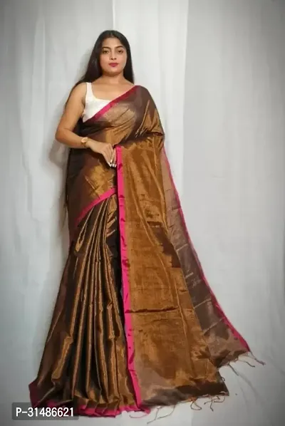 Stylish Brown Cotton Blend Self Pattern Saree without Blouse piece For Women