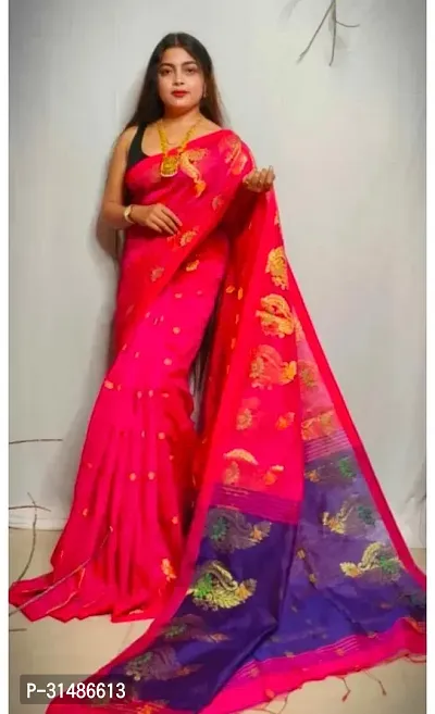 Stylish Pink Cotton Blend Self Pattern Saree without Blouse piece For Women