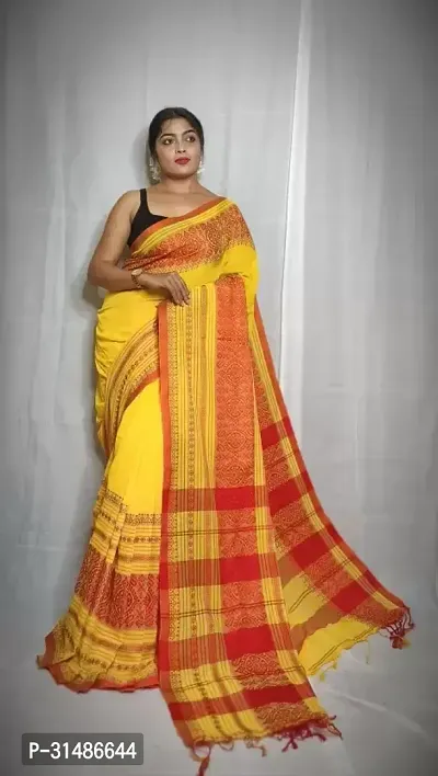 Stylish Yellow Cotton Blend Self Pattern Saree without Blouse piece For Women