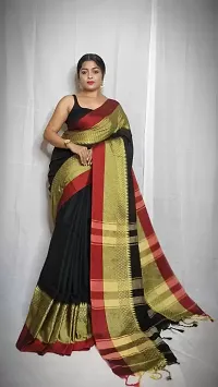 Stylish Black Cotton Blend Self Pattern Saree without Blouse piece For Women-thumb1