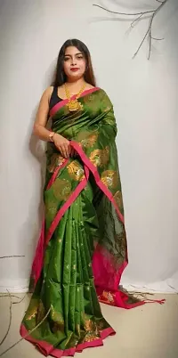 Stylish Green Cotton Blend Self Pattern Saree without Blouse piece For Women-thumb2