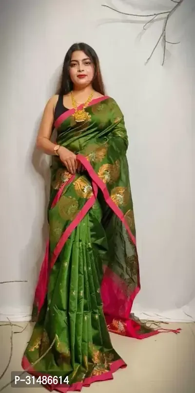 Stylish Green Cotton Blend Self Pattern Saree without Blouse piece For Women-thumb3