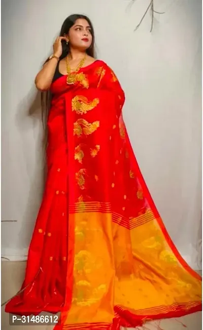 Stylish Red Cotton Blend Self Pattern Saree without Blouse piece For Women