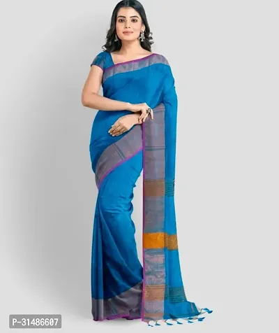 Stylish Blue Pure Silk Self Pattern Saree with Blouse piece For Women