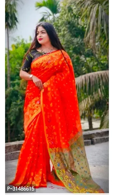 Stylish Orange Cotton Blend Self Pattern Saree without Blouse piece For Women