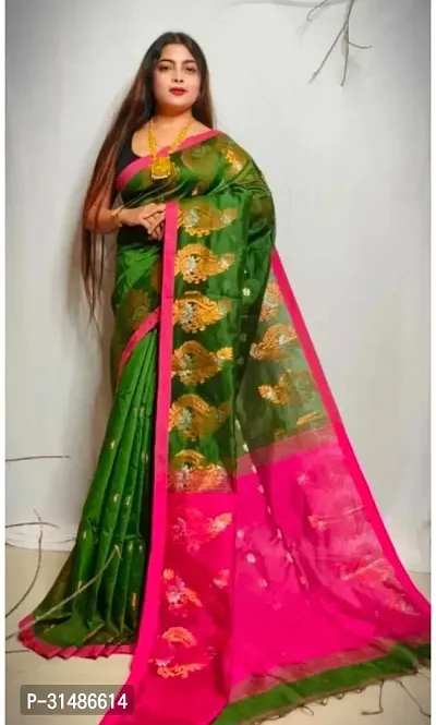 Stylish Green Cotton Blend Self Pattern Saree without Blouse piece For Women