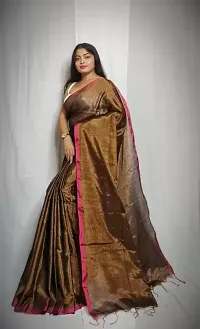 Stylish Brown Cotton Blend Self Pattern Saree without Blouse piece For Women-thumb3