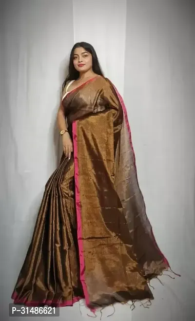 Stylish Brown Cotton Blend Self Pattern Saree without Blouse piece For Women-thumb4