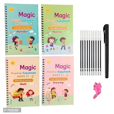 Magic Practice Reusable Copybooks Set of 4 with 10 Refill 1 Pen 1 Grip (Multicolor)