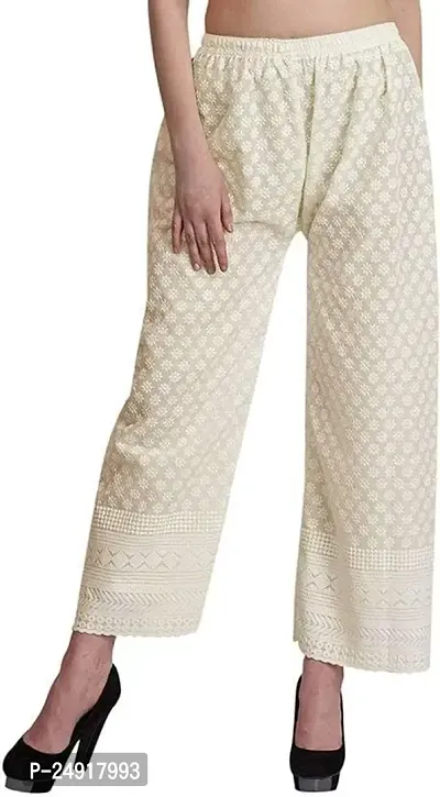 M J Cloth House Women Regular Fit Cream Pure Cotton Trousers | Colour - Off-White | Size - P