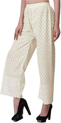 M J Cloth House Women Regular Fit Cream Pure Cotton Trousers | Colour - Off-White | Size - P-thumb1