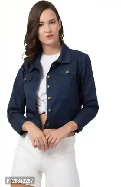 Stylish Blue Solid Denim Jacket For Women-thumb0