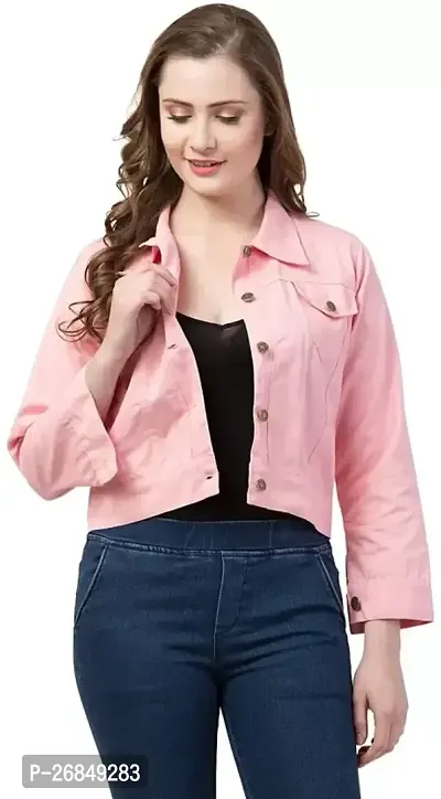 Stylish Pink Solid Denim Jacket For Women-thumb0