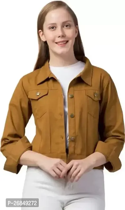 Stylish Khaki Solid Denim Jacket For Women-thumb0