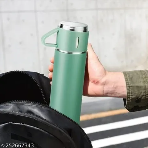 Stainless Steel Insulated Bottle with Combo of 3 Cups, 500ml Thermos Vacuum Flask Set for Coffee Hot Cold Drinks