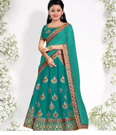 Color Heavy Taffeta Satin Embroidered Designer Kids Girls Traditional Semi Stitched Lehenga Choli _Suitable To 8-13 Years Girls .