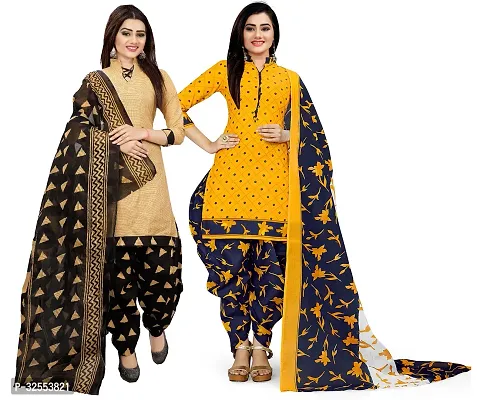 Designer Multicoloured Cotton Unstitched Dress Material Top With Bottom Wear And Dupatta Set For Women Pack Of 2-thumb0