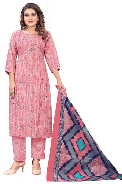 Stylish Printed Cotton Kurta With Bottom With Dupatta Set