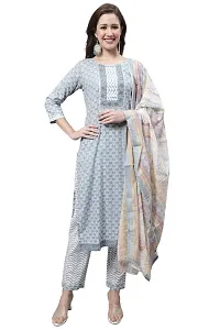 Stylish Grey Cotton Printed Kurta Bottom and Dupatta Set For Women-thumb1