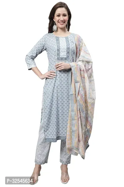 Stylish Grey Cotton Printed Kurta Bottom and Dupatta Set For Women-thumb2