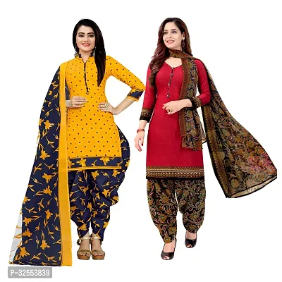 Designer Multicoloured Cotton Unstitched Dress Material Top With Bottom Wear And Dupatta Set For Women Pack Of 2-thumb0