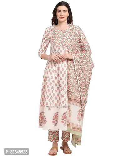 Stylish Multicoloured Cotton Printed Kurta Bottom and Dupatta Set For Women