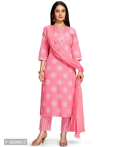 Stylish Pink Cotton Printed Kurta Bottom and Dupatta Set For Women-thumb0