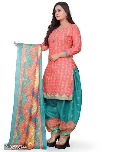 Elegant Peach Cotton Blend Printed Dress Material with Dupatta For Women-thumb3